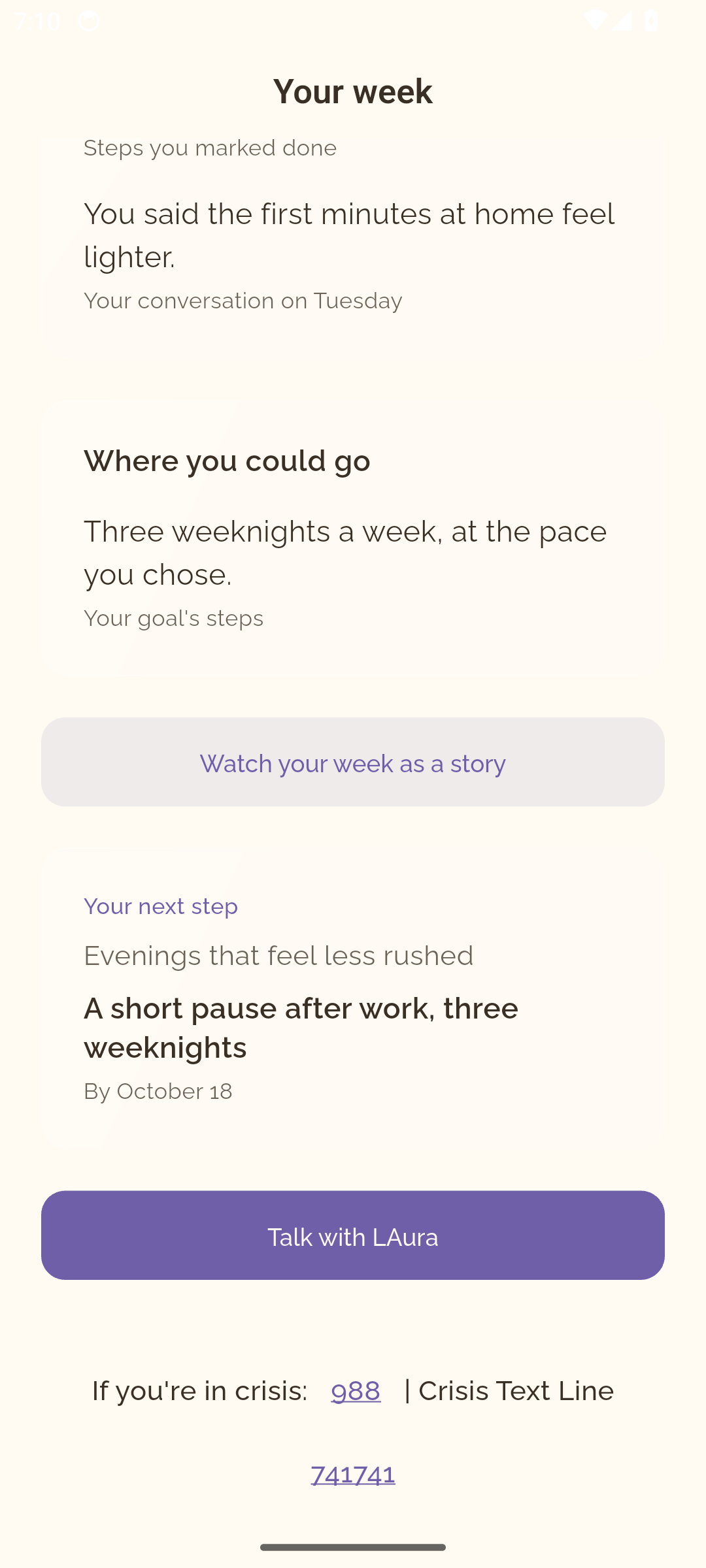 The end of the Weekly Review screen on Android: the Where you could go section, your next step and crisis resources.