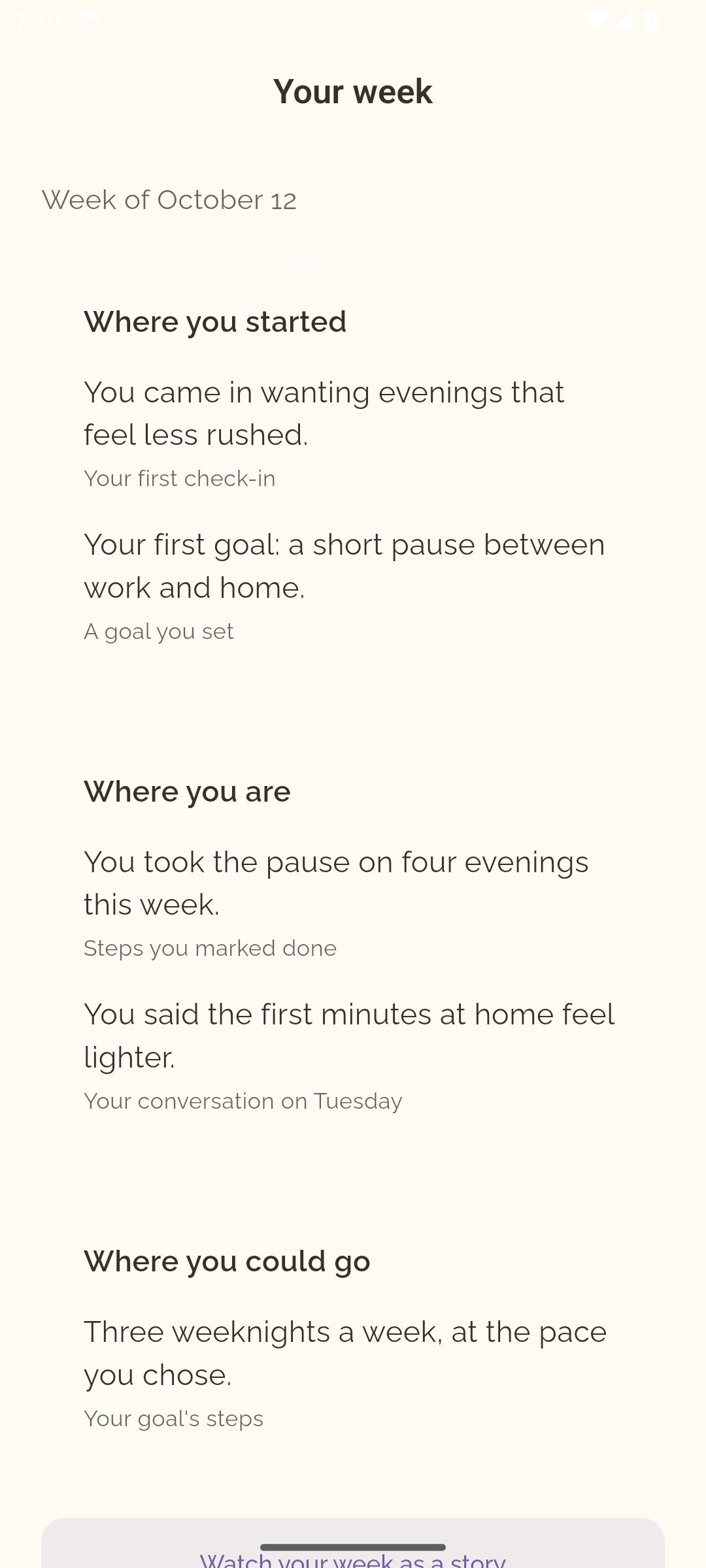 The Weekly Review screen on Android, with the Where you are section in the middle.
