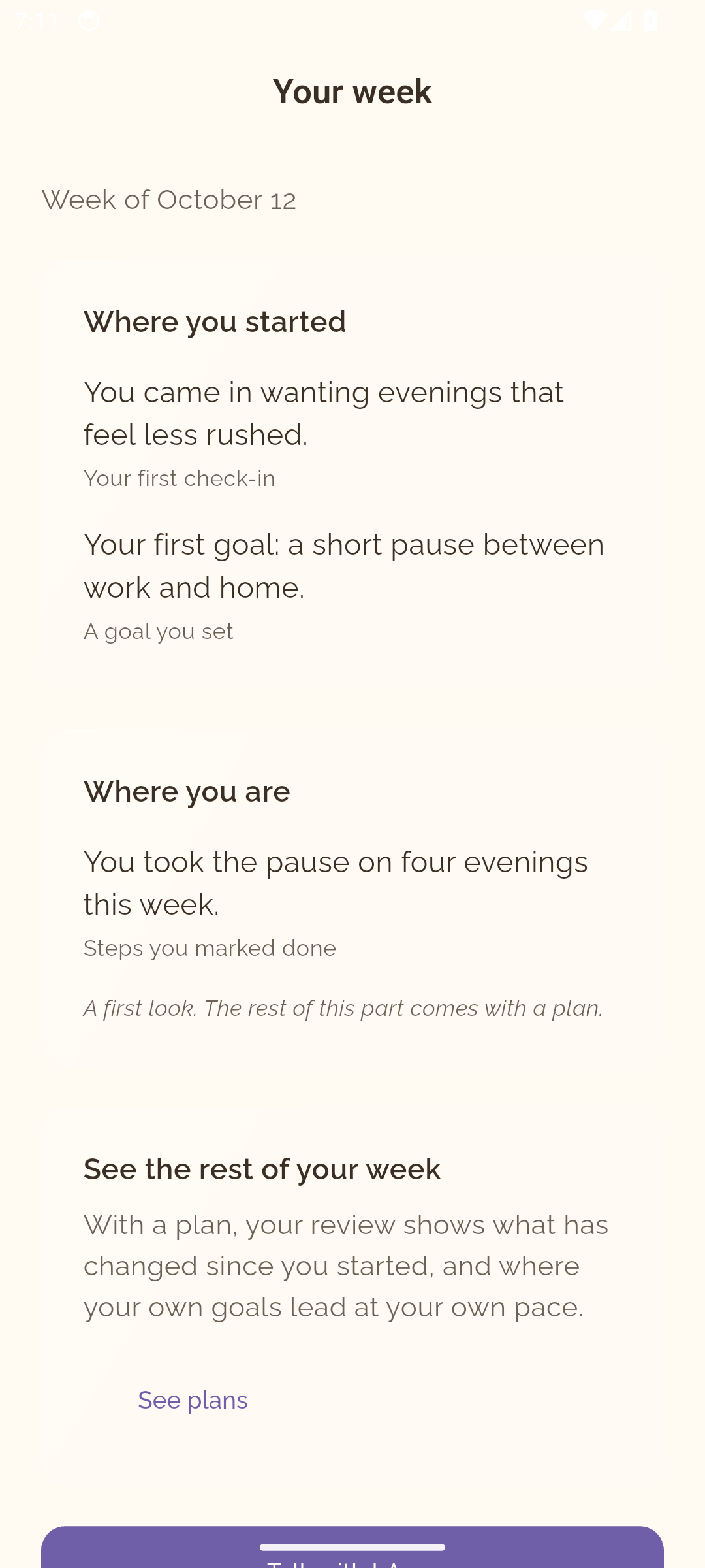 The Weekly Review screen on Android, opening on the Where you started section.